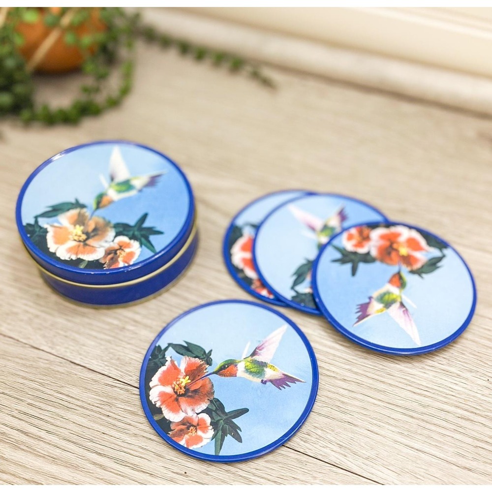 Vintage Hummingbird Coaster Tin, Set of 4 Coasters‎ Metal and Cork